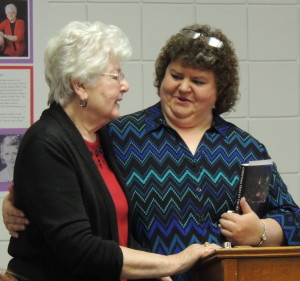 Jefferson Public Library director Jane Millard (right) introduces author Anneliese Heider Tisdale.