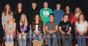 Intermediate 4-H members receiving recognition include (front, from left) Emily Finch, Abby Badger, Haley Hall, Joe Towers, Jack Schilling and Samantha Hardaway; and (back, from left) Regan Lamoureux, Onica Delp, Jake Berns, Jared Marshall, Lucas Fisher, Emily Heupel and Gwen Black.