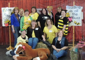 Greene County librarians at Toddler Fest are (front, from left) Marilyn Tilley, Terry Clark, Carrie Boude and Cheryl Dideriksen; and (back, from left) Shari Minnehan, Sarah Kilgore, Sue Kellogg, Jane Millard, Ashley Squibb, Joleen Allen, county supervisor Dawn Rudolph, and librarian "Taylor Bee."