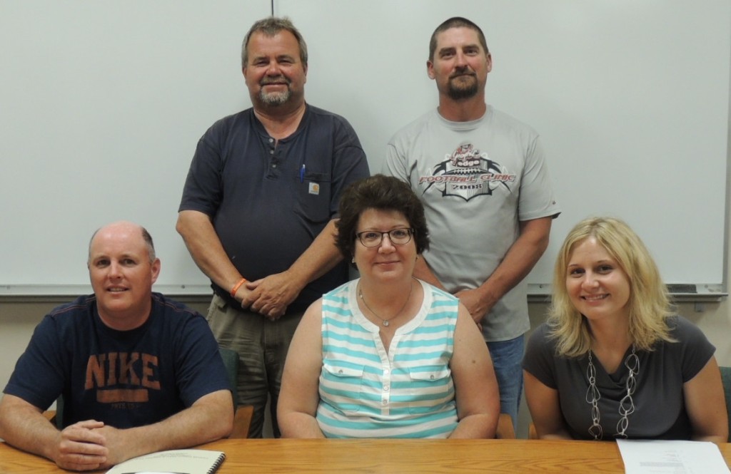 Members of the final East Greene board of education are (seated, from left) Marc Hoffman, Susan Burkett and Ashley Johnston; and (standing, from left) Dave Tipton and Tim Bardole.