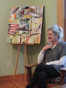Grant still paints abstract art. Behind her is "The Apex of the Matter," describing the most recent election cycle.