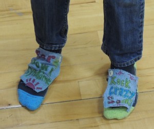 Lucas Oakes decorated his socks for the day.