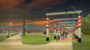 The concept of the "Waukee Railroad Pergola -- in the shadow of the rails." (Portrayal by RDG Planning & Design) via raccoonrivervalleytrail.org. Smaller art in Jefferson and Cooper would carry out the same theme.