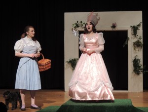 Toto, Dorothy, and Glinda, the Good Witch of the North