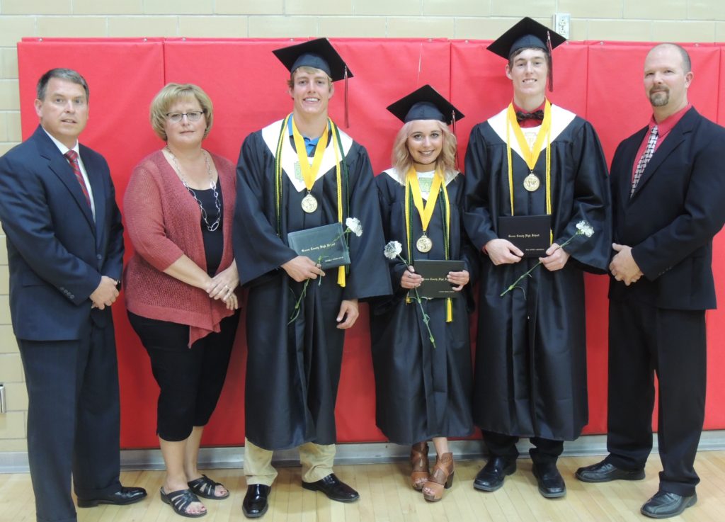 (from left) superintendent Tim Christensen, school board president Teresa Hagen, Max Neese, Lakota Larson, Reid Lamoureux, principal Brian Phillips